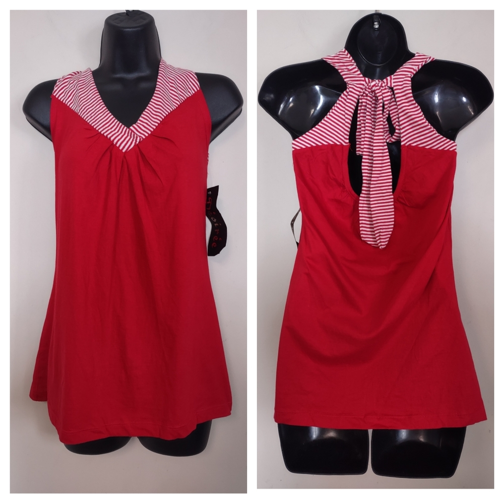 Desiree Cotton Tie Back Sleeveless Top Red White Medium